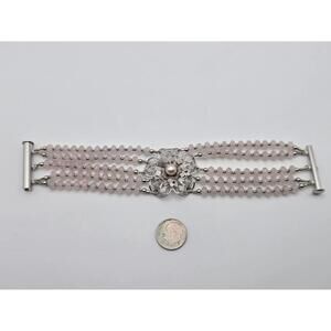 Sterling Silver Pink Quartz Bead Bracelet Filigree Flower